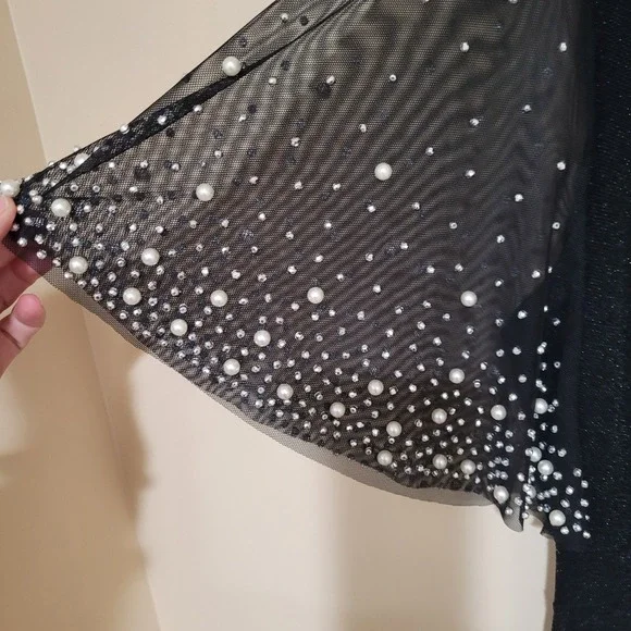 Alex Evenings Black Metallic Ruched Gown Dress with Embellished Sleeves Size 12